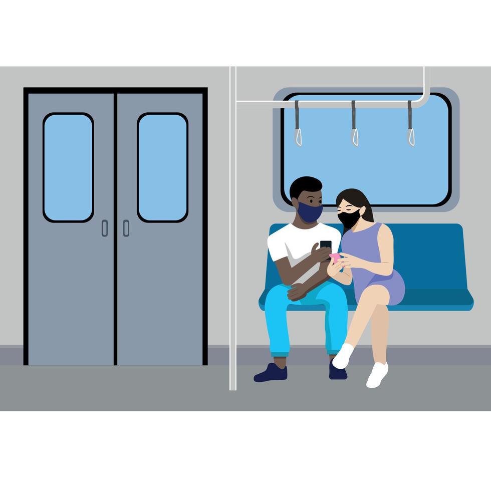 A guy with a girl in masks and with phones in their hands in the subway car, flat vector