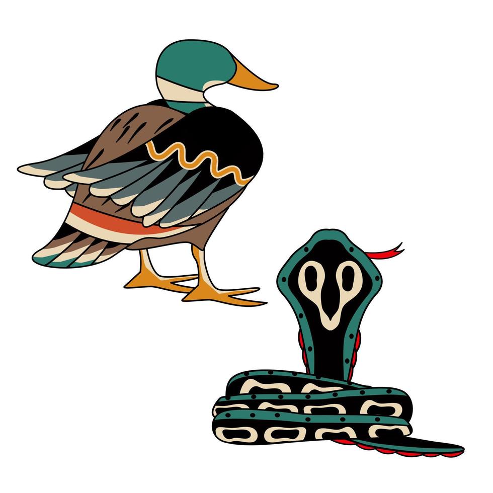 mallard duck and cobra snake suitable for t shirt design vector