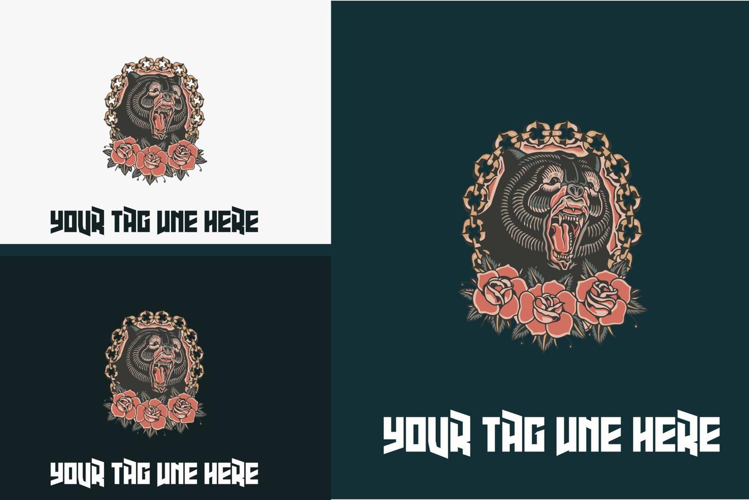 artwork design of head black bear and red rose vector