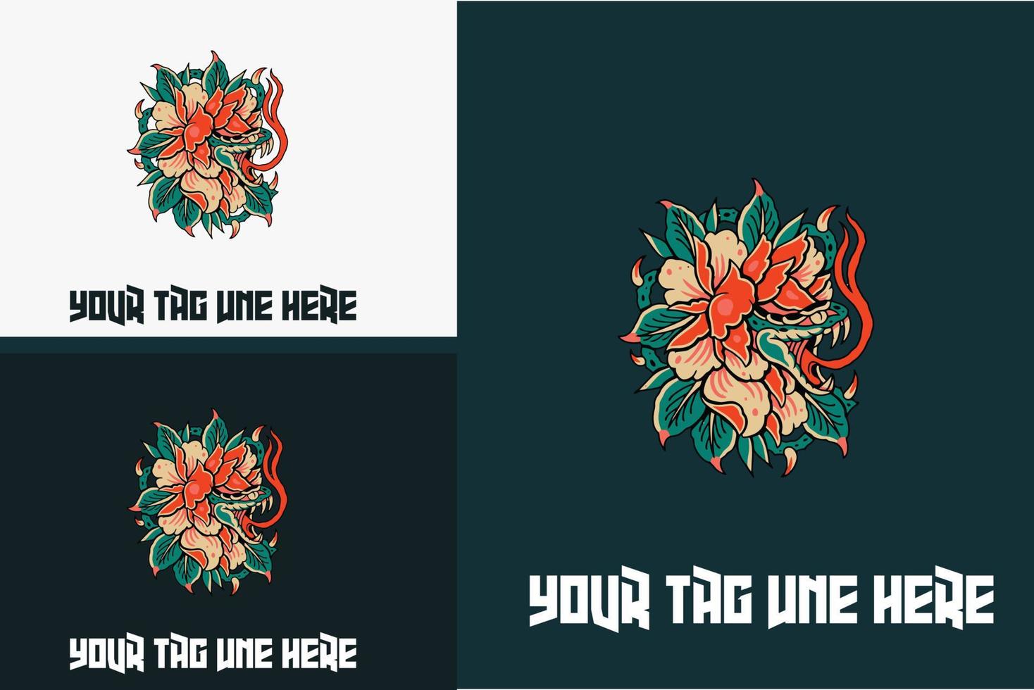 logo concept of head snake with flower vector illustration flat design