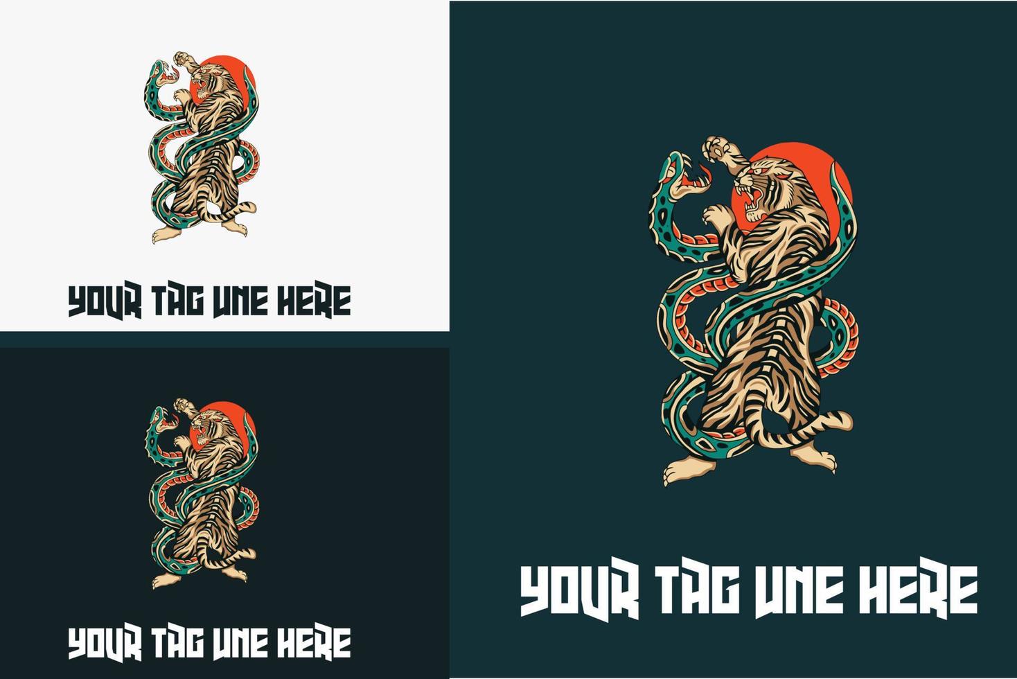 concepto de logotipo de tigre luchando con ilustración de vector de serpiente