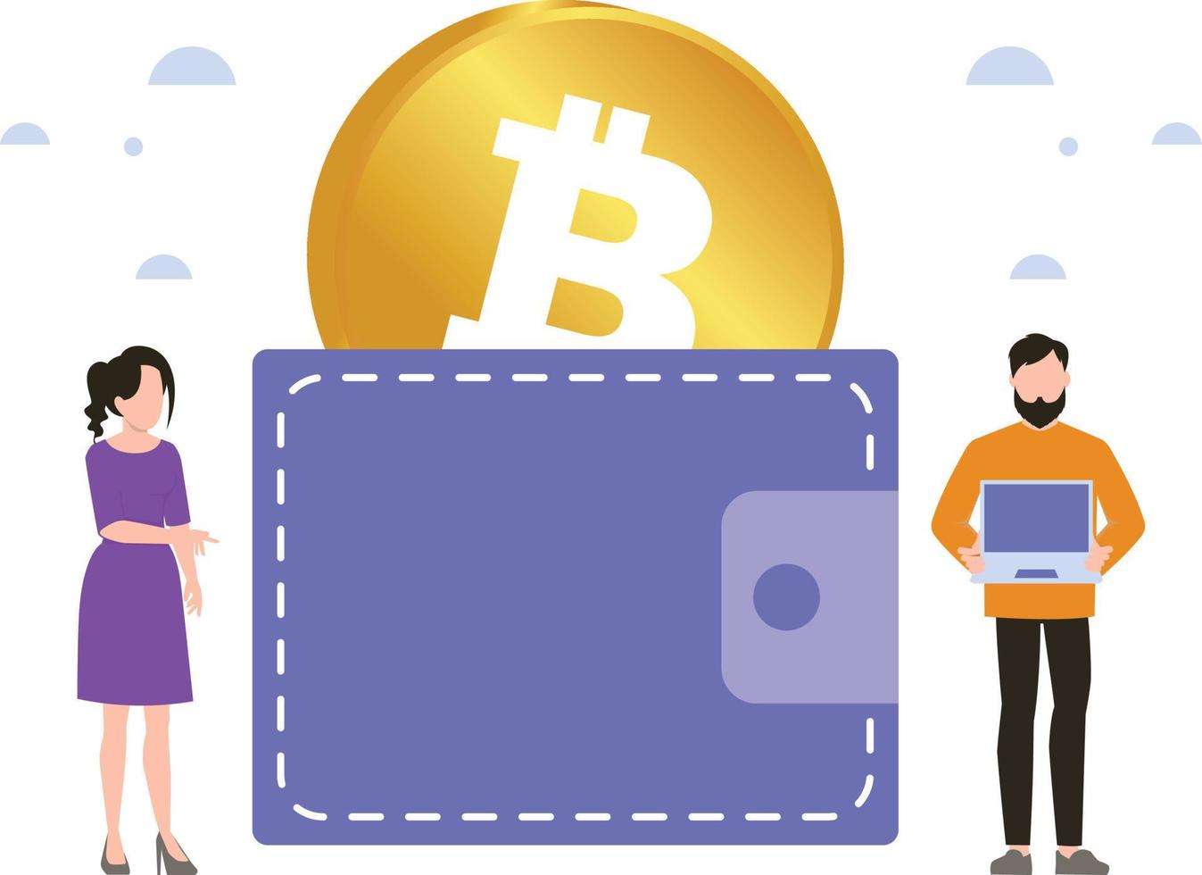 Boy and girl stand with bitcoin wallet. vector