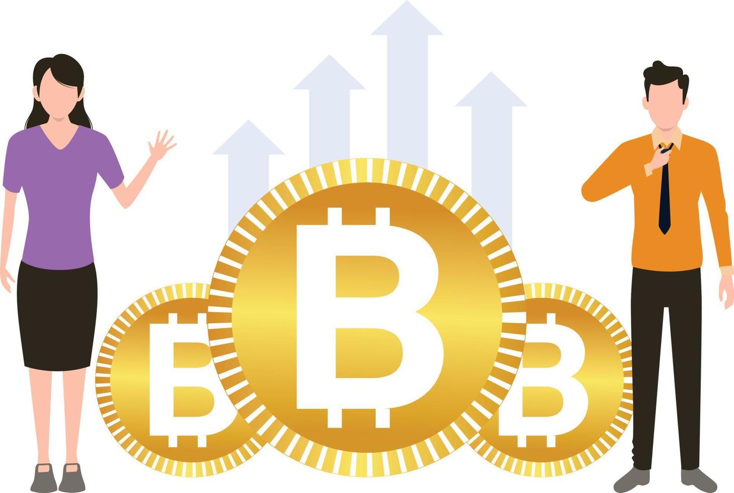 Boy and girl stand with the development of bitcoin. vector