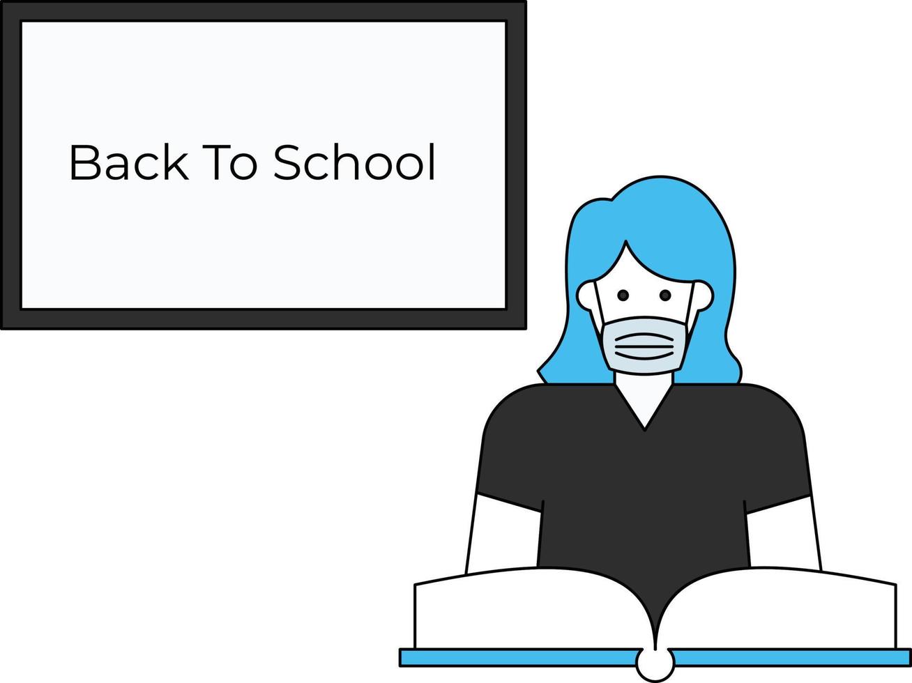 The girl is reading a book wearing a protective mask. vector