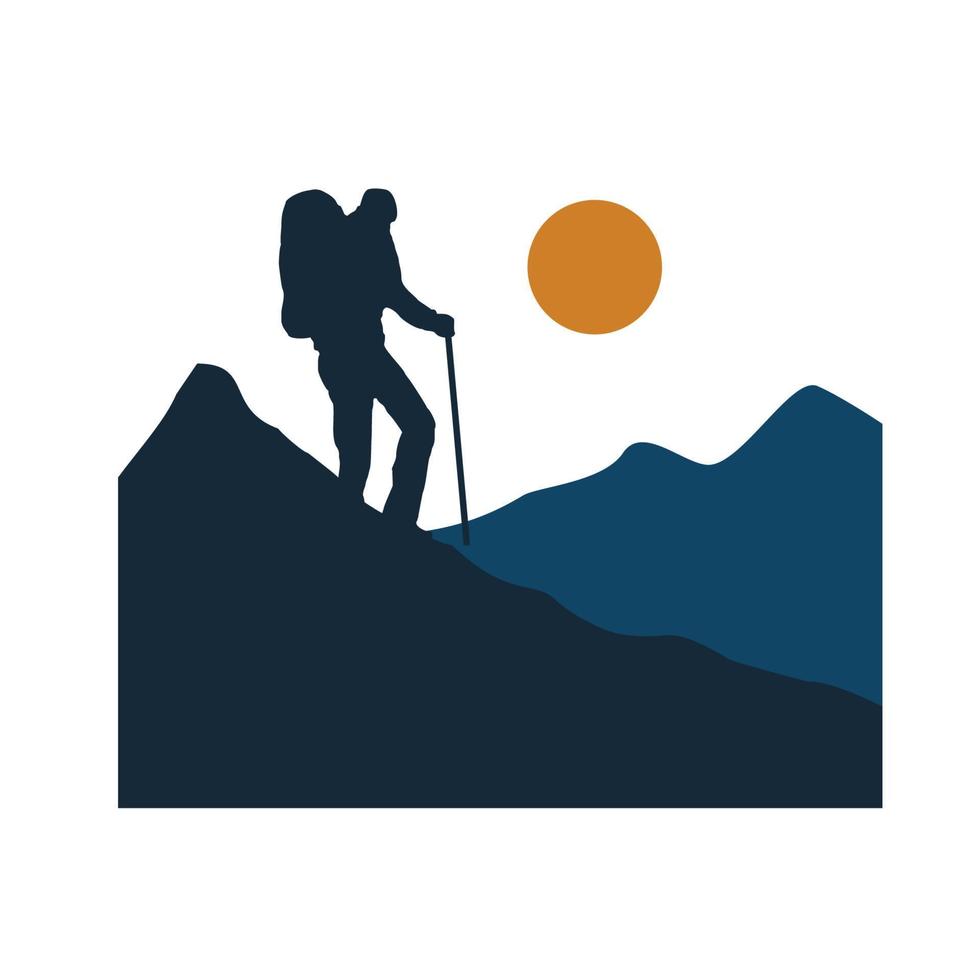man hiking sport with sunset background vector