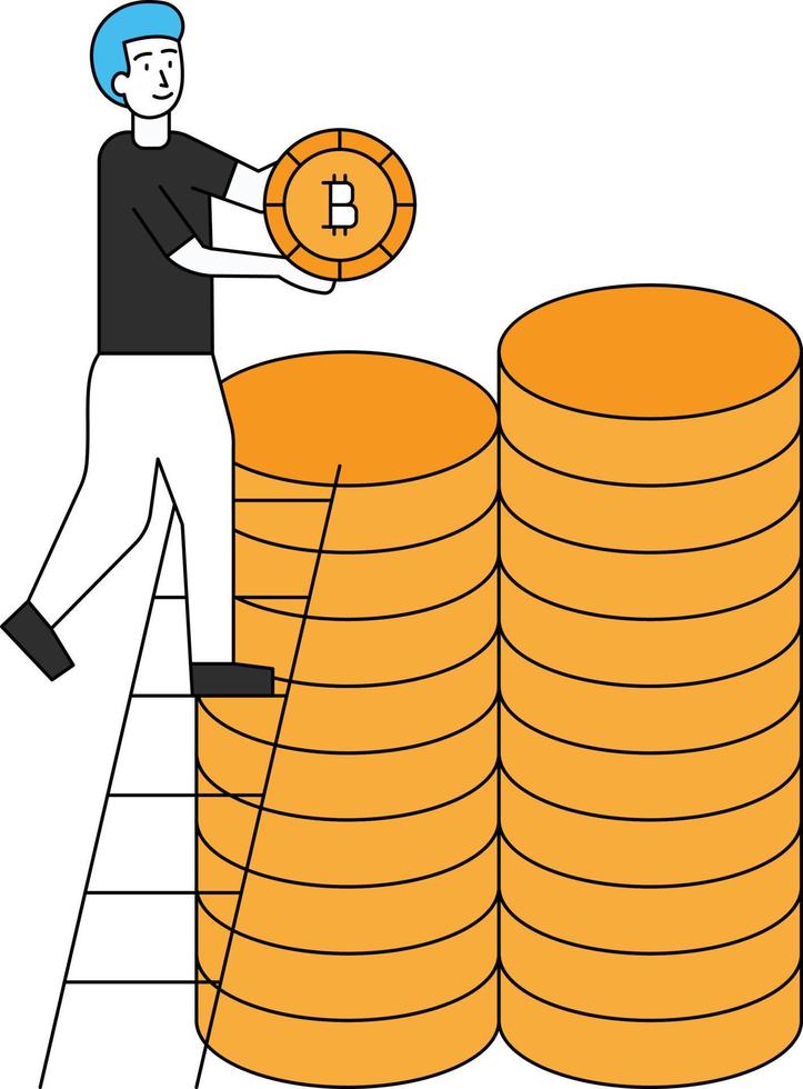 The boy keeping the bitcoins with the help of a ladder. vector