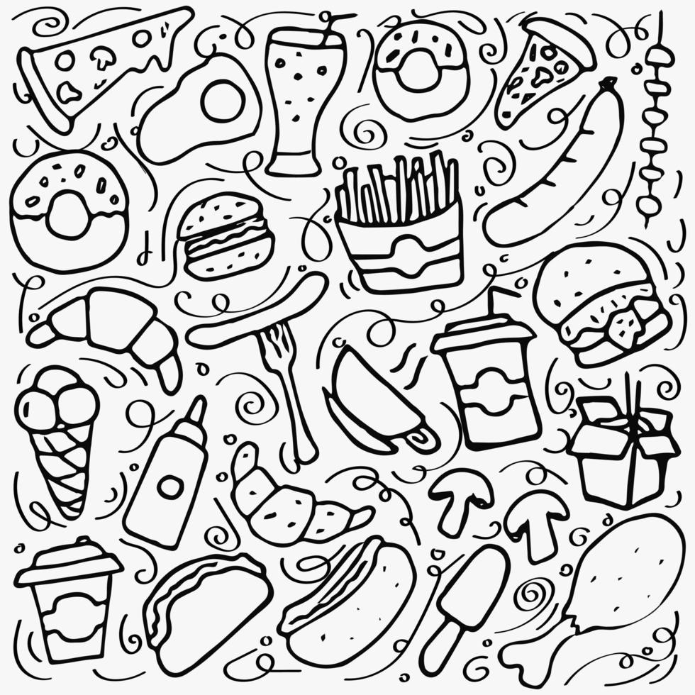 conjunto de iconos de comida rápida, fondo de comida rápida. garabatear iconos de comida rápida. iconos de comida sobre fondo blanco. mano ahogar vector comida rápida establecer iconos