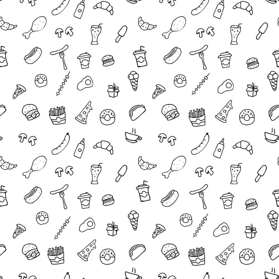 Doodle fast food icons. seamless pattern with food icons. Fast food set icons, fastfood background.  food icons on white background. hand drown vector pattern with fast food icons