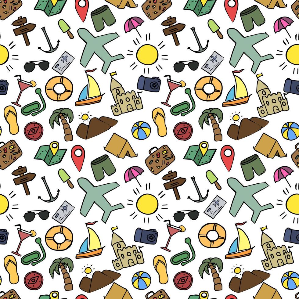 Colored summer seamless pattern. travel icons on white background. Travel vacation set of icons, journey and trip background. Doodle summer travel icons. Vacation vector pattern with travel icons