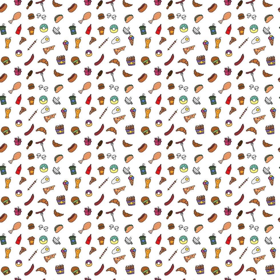 Doodle fast food icons. seamless pattern with food icons. Fast food set icons, fastfood background.  food icons on white background. hand drown vector pattern with fast food icons