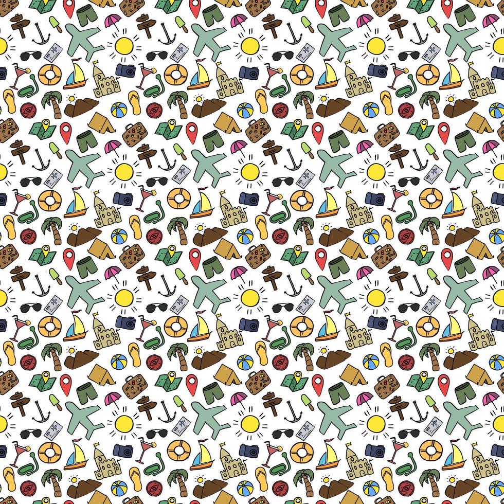 Colored summer seamless pattern. travel icons on white background. Travel vacation set of icons, journey and trip background. Doodle summer travel icons. Vacation vector pattern with travel icons