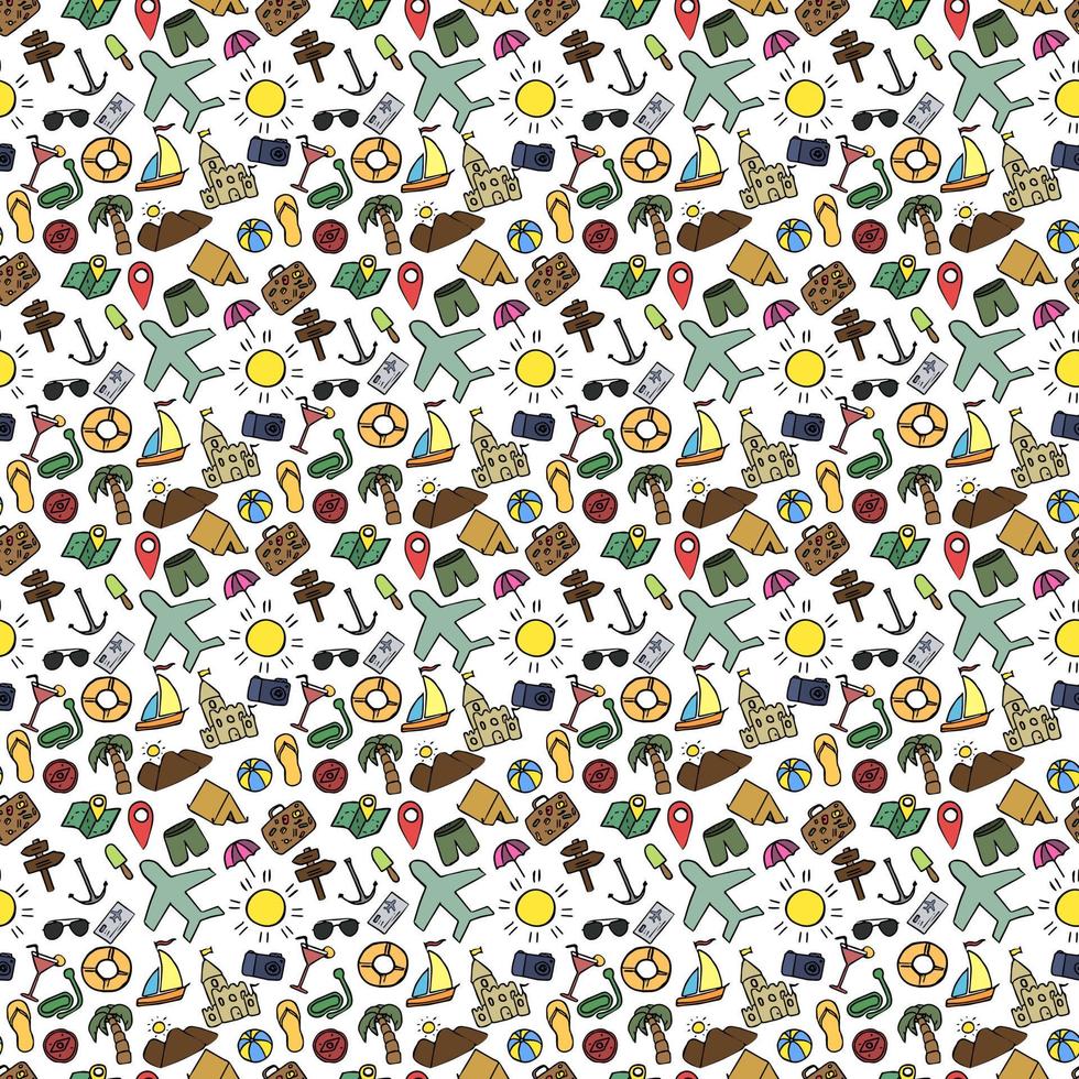 Colored summer seamless pattern. travel icons on white background. Travel vacation set of icons, journey and trip background. Doodle summer travel icons. Vacation vector pattern with travel icons