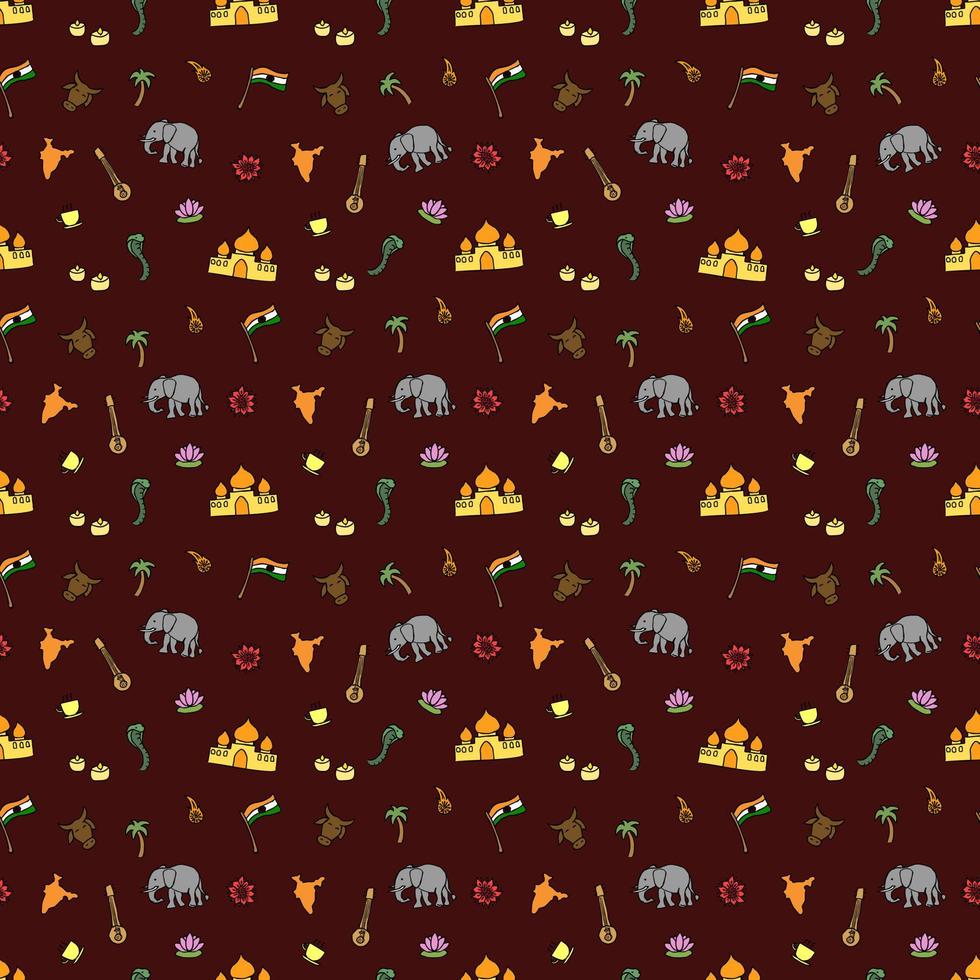 Colored seamless pattern with doodle indian icons. Indian vector icons.  you can use this as a background for a wedding card or greeting