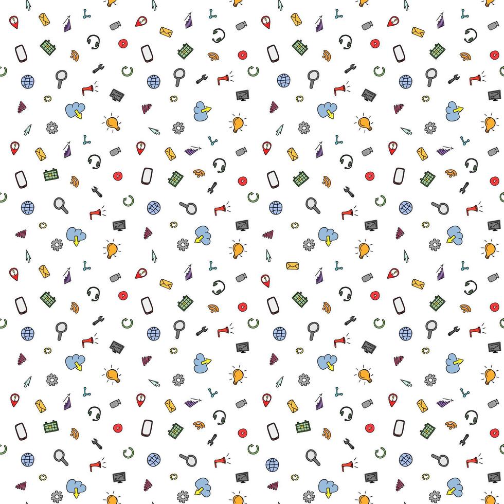 Colored seamless doodle pattern with business and technology set icons. Doodle vector with business icons on white background. Vintage technology icons,sweet elements background for your project