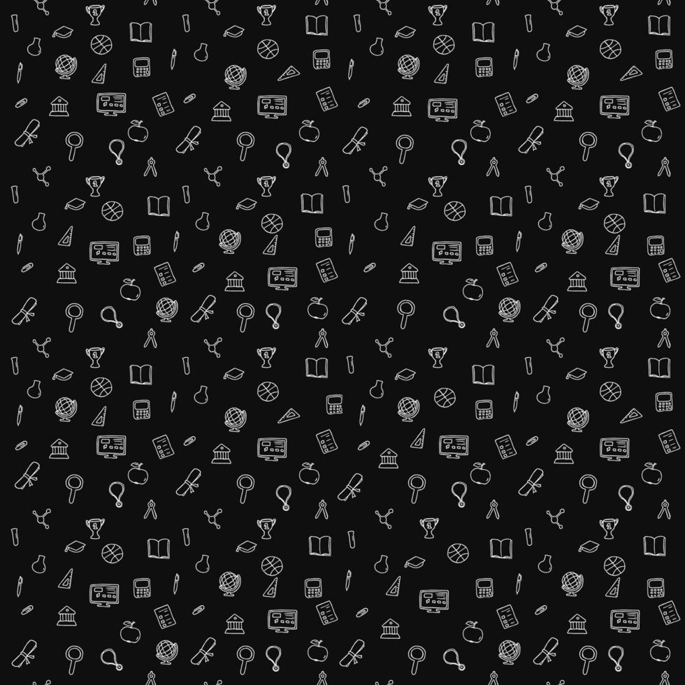 Seamless vector pattern with education icons. Doodle vector with education and school icons on black background. Vintage education pattern