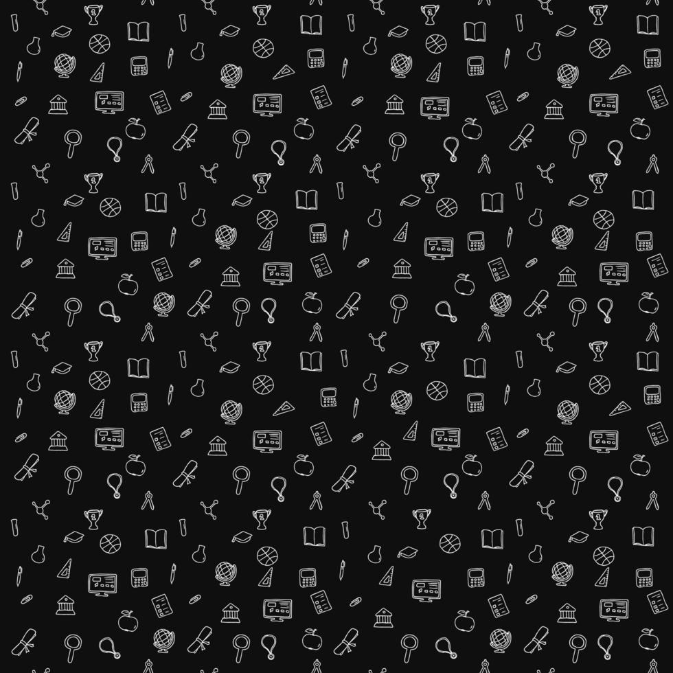 Seamless vector pattern with education icons. Doodle vector with education and school icons on black background. Vintage education pattern