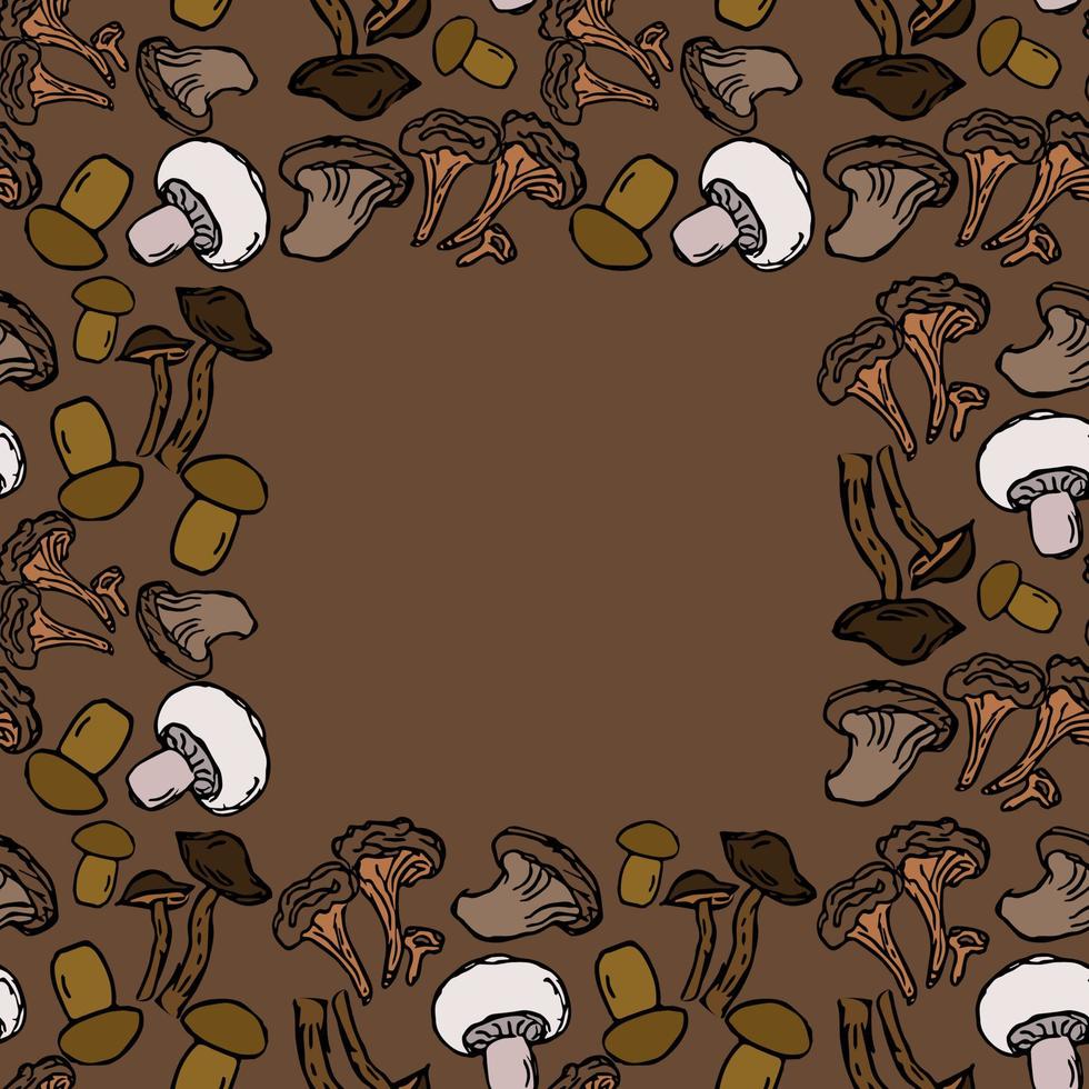 Seamless vector colored pattern with mushrooms. Doodle vector with mushroom icons on brown background. Vintage mushroom pattern