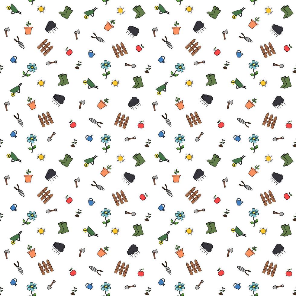 Colored seamless gardening pattern. Doodle vector with gardening icons. Vintage gardening icons on white background