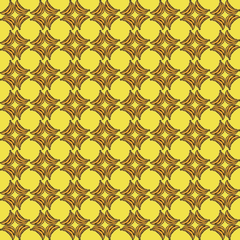 Seamless banana pattern. Doodle vector with banana icons on yellow background. Vintage banana pattern