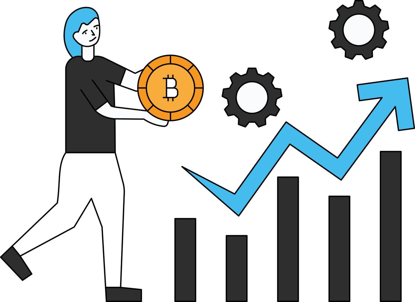 The girl is standing near the graph setting with a bitcoin in her hand. vector