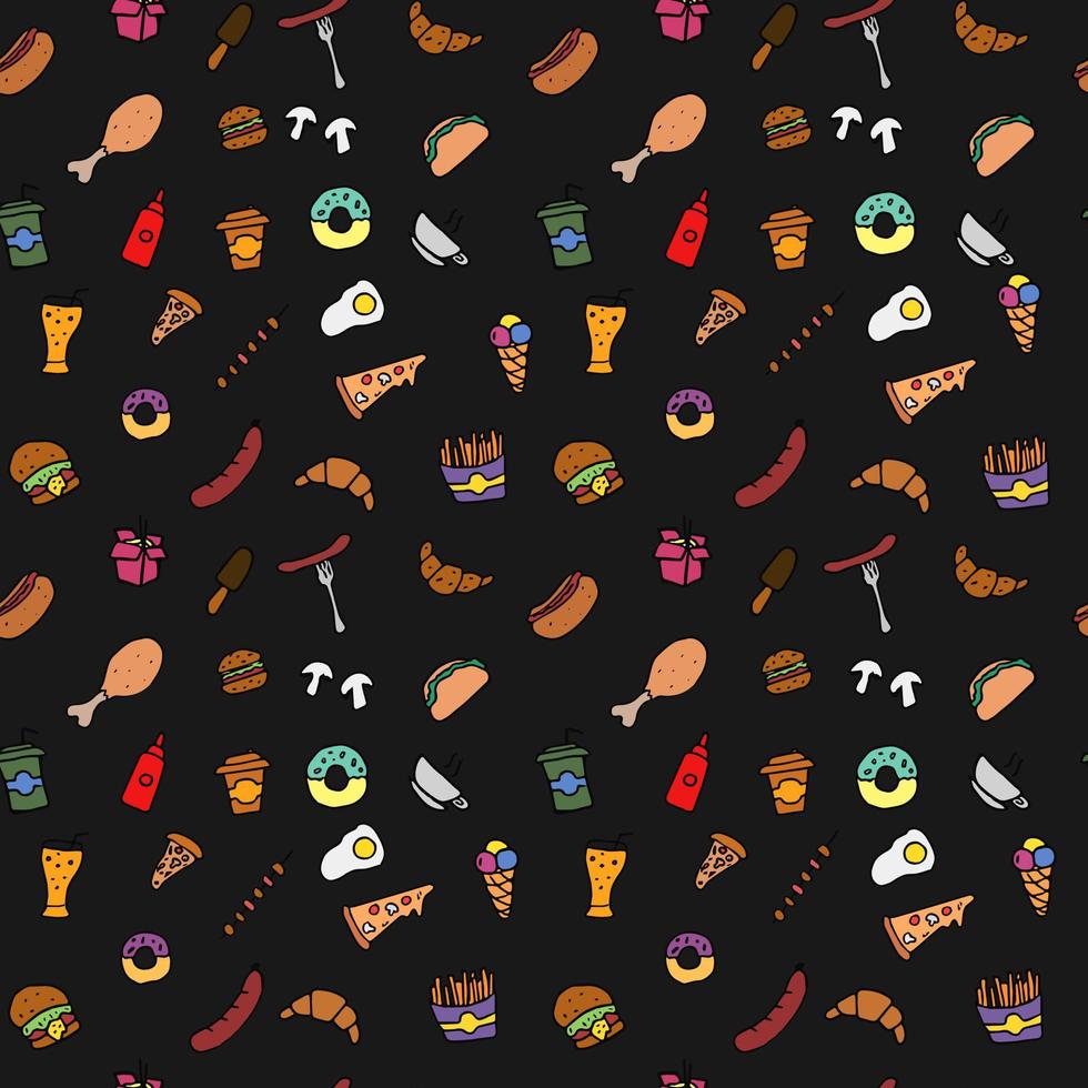 garabatear iconos de comida rápida. patrón sin costuras con iconos de comida. conjunto de iconos de comida rápida, fondo de comida rápida. iconos de comida sobre fondo negro. patrón de vector de ahogamiento manual con iconos de comida rápida