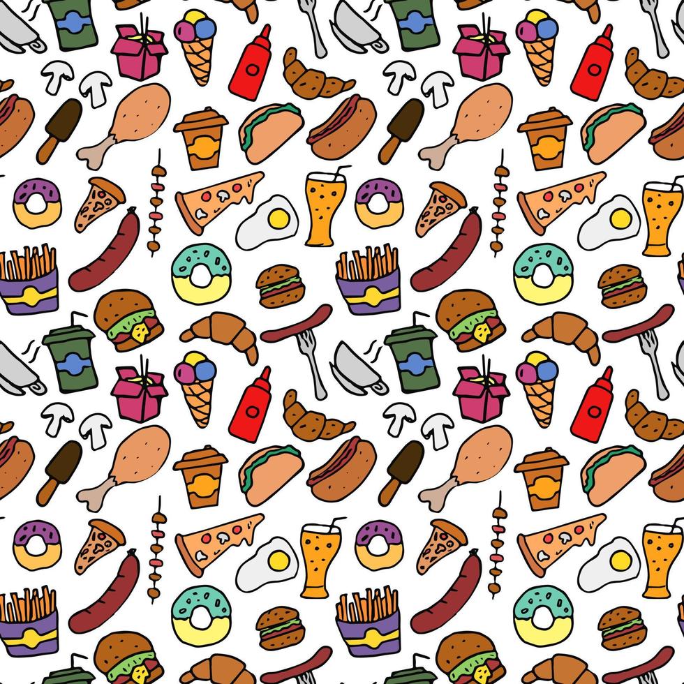 Doodle fast food icons. seamless pattern with food icons. Fast food set icons, fastfood background.  food icons on white background. hand drown vector pattern with fast food icons