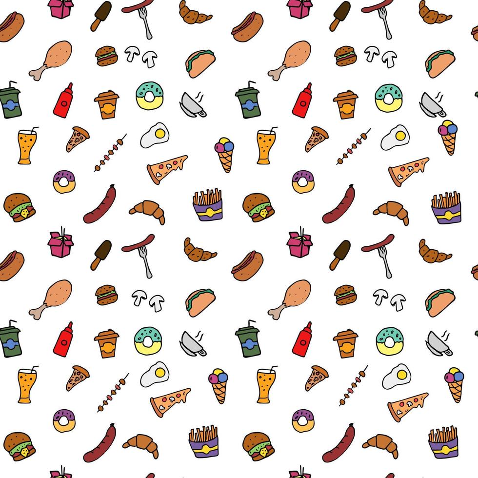 Doodle fast food icons. seamless pattern with food icons. Fast food set icons, fastfood background.  food icons on white background. hand drown vector pattern with fast food icons