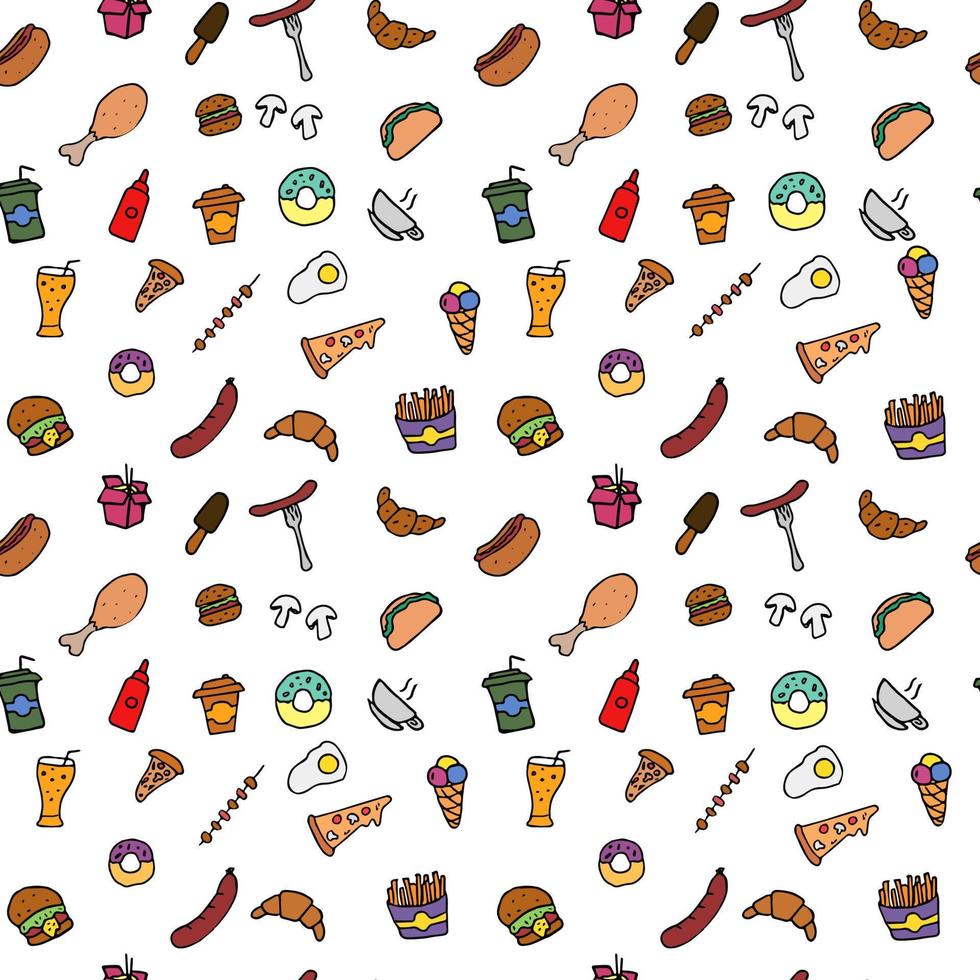 Doodle fast food icons. seamless pattern with food icons. Fast food set icons, fastfood background.  food icons on white background. hand drown vector pattern with fast food icons