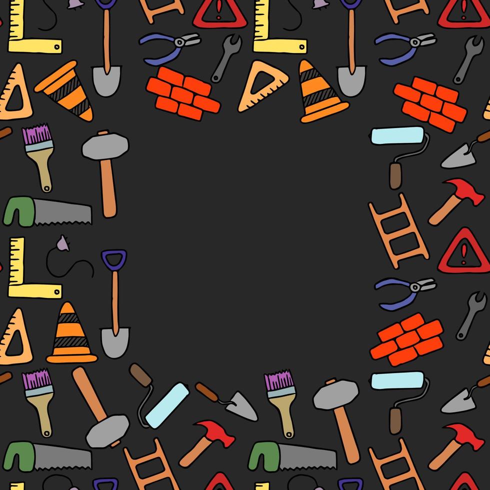 Colored construction build icons pattern  with place for text. seamless doodle pattern with tools for construction. vector illustration on the theme of construction on dark background