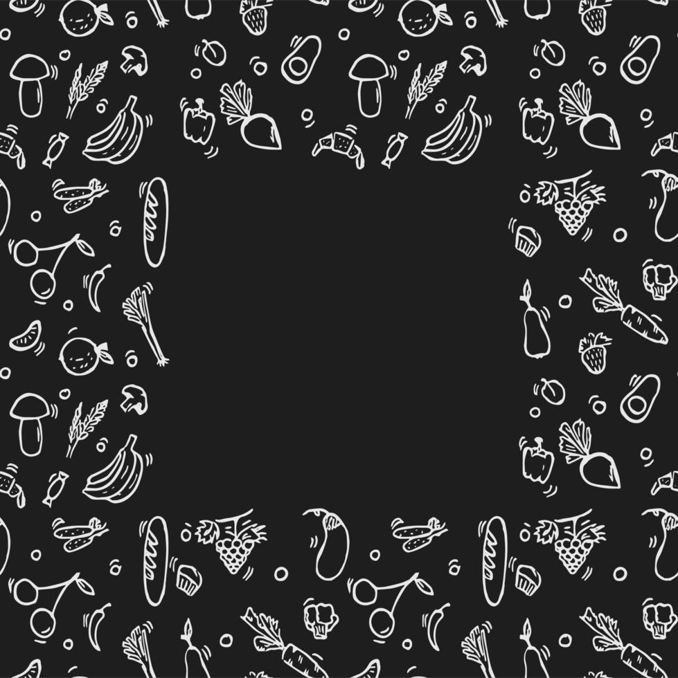 Seamless vegetarian food pattern with place for text. Doodle vector with vegetarian food icons on black background. Vintage vegetarian food illustration