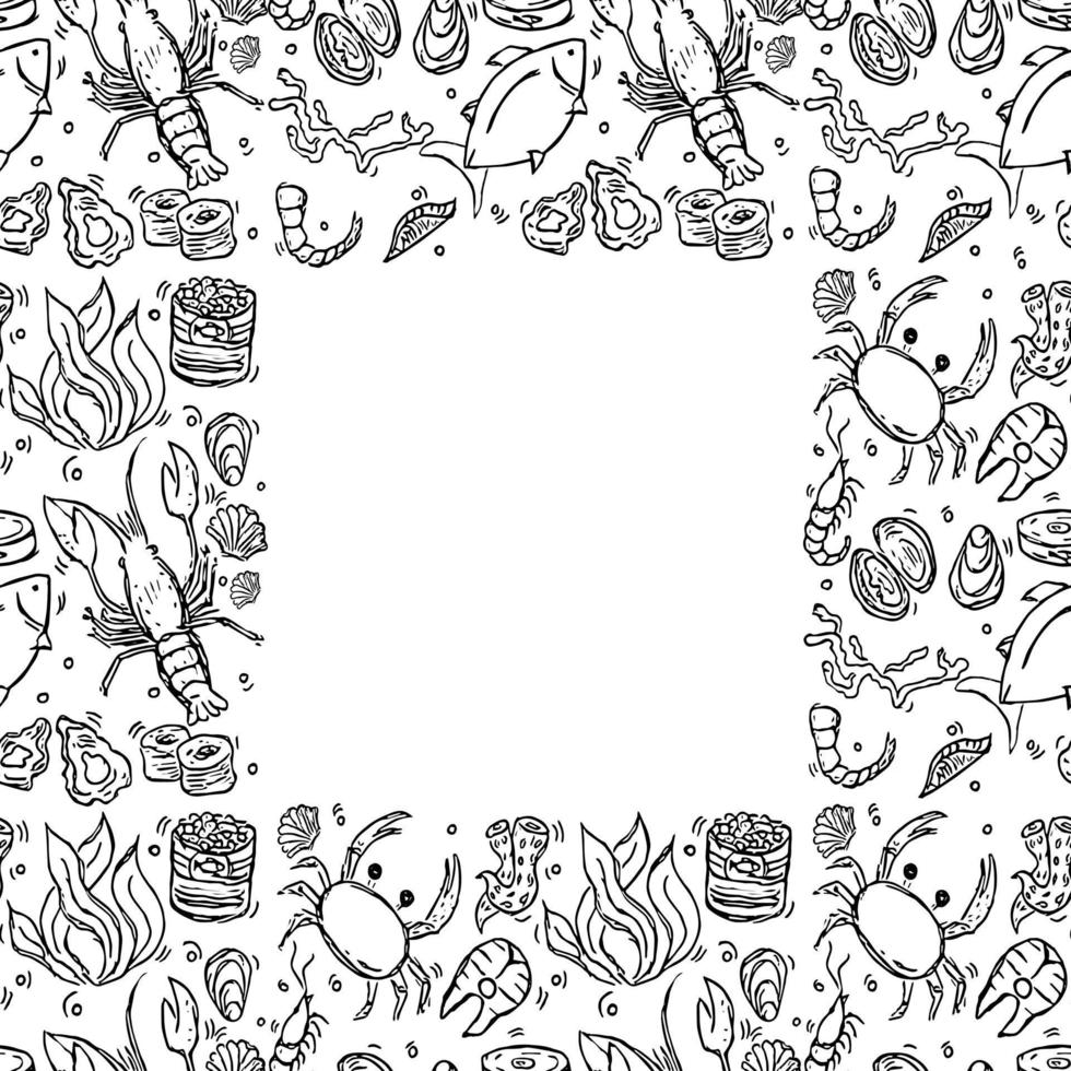 Seamless sea food pattern with place for text. Doodle vector with sea food icons on white background. Vintage sea food illustration, sweet elements background for your project, menu, cafe shop