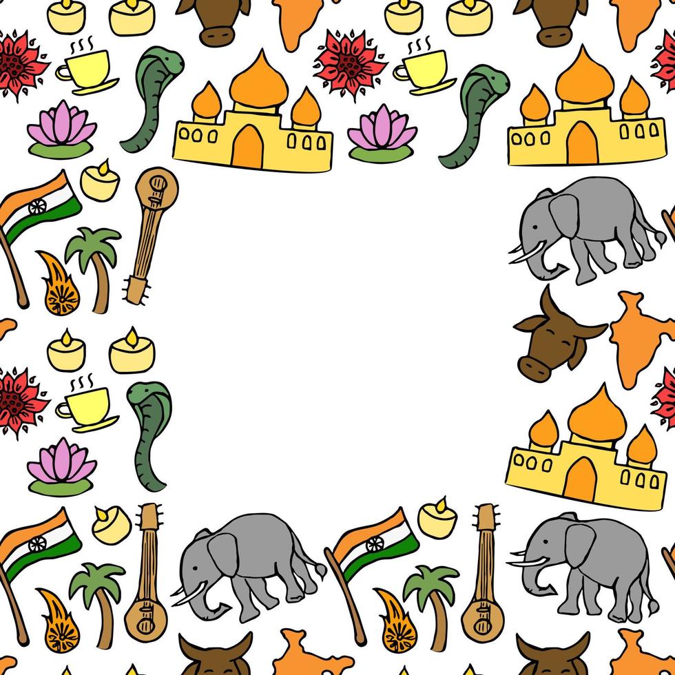 Colored seamless pattern with doodle indian icons with place for text. Indian vector icons. you can use this as a background for a wedding card or greeting