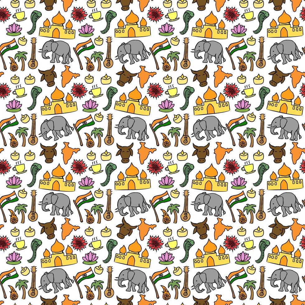 Colored seamless pattern with doodle indian icons. Indian vector icons.  you can use this as a background for a wedding card or greeting