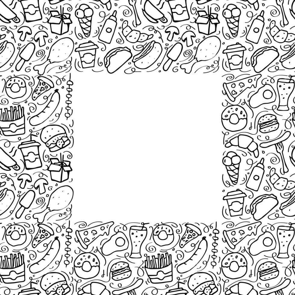 Seamless fast food pattern with place for text. Doodle vector with fast food icons on white background. Vintage fast food illustration, sweet elements background for your project, menu, cafe shop