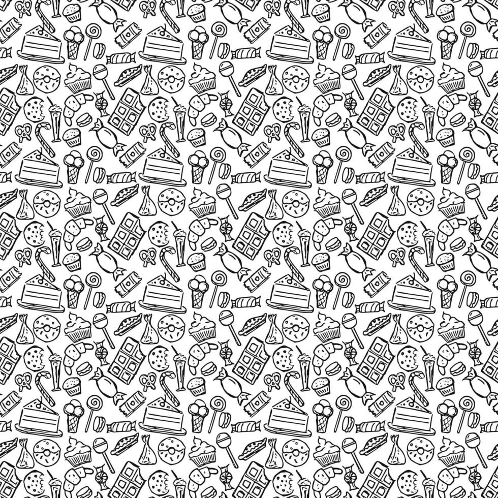Seamless pattern with sweets. Doodle vector with sweets icons on white background. Vintage sweets illustration, sweet elements background for your project, menu, cafe shop