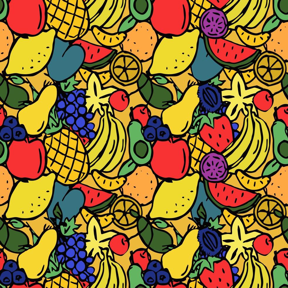 Seamless colored fruits pattern. Doodle illustration with banana, pineapple, apple, cherry, lemon, avocado, grape, watermelon, orange. Vintage fruit pattern, sweet elements background for your project vector
