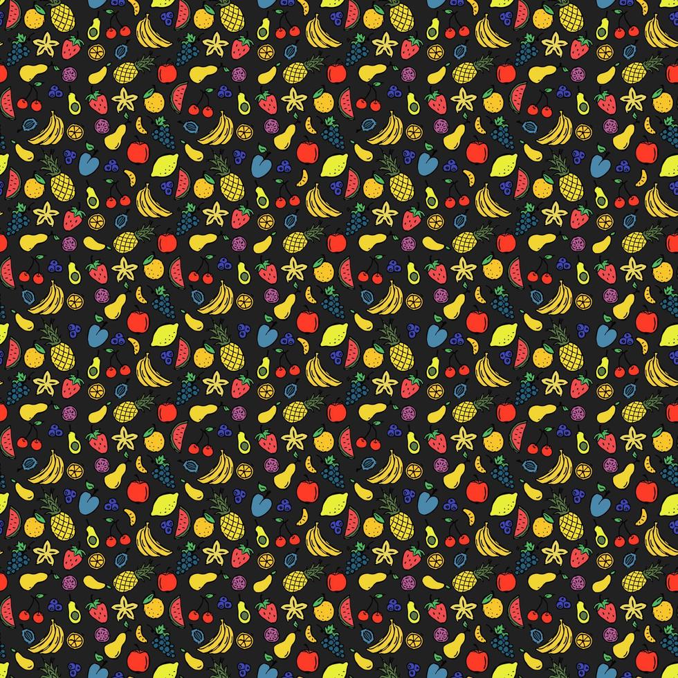 Seamless fruits vector pattern. Doodle vector with fruits icons on black background. Vintage vegan pattern