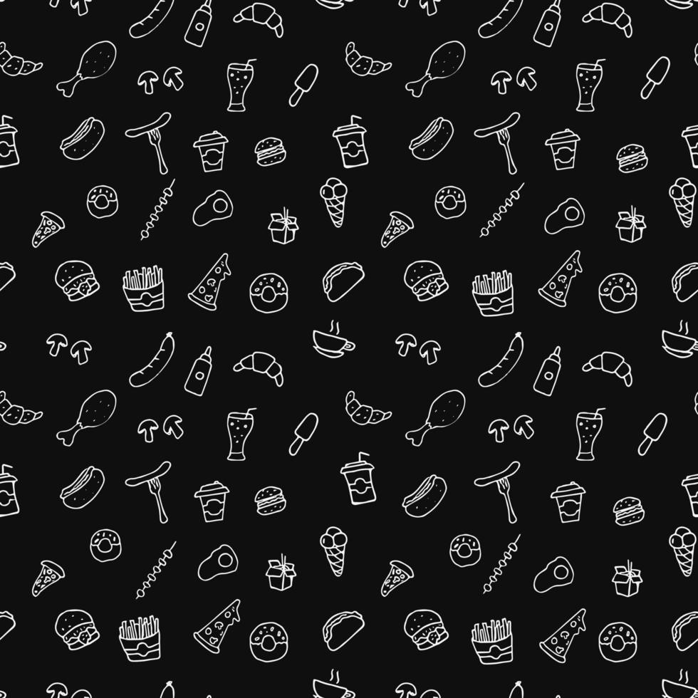 Doodle fast food icons. seamless pattern with food icons. Fast food set icons, fastfood background.  food icons on black background. hand drown vector pattern with fast food icons