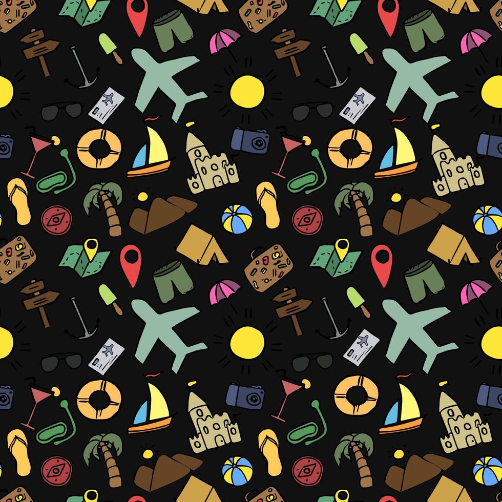 Colored summer seamless pattern. travel icons on black background. Travel vacation set of icons, journey and trip background. Doodle summer travel icons. Vacation vector pattern with travel icons