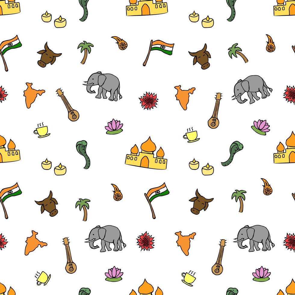 Colored seamless pattern with doodle indian icons. Indian vector icons.  you can use this as a background for a wedding card or greeting