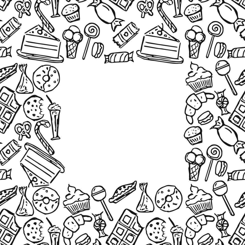 patrón de dulces sin fisuras con lugar para el texto. Doodle vector con iconos de dulces sobre fondo blanco. ilustración de dulces vintage, fondo de elementos dulces para su proyecto, menú, cafetería