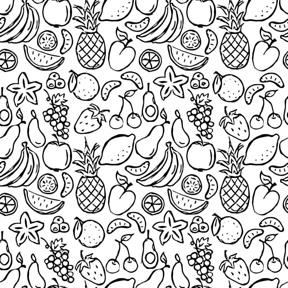 Seamless fruits and vegetables vector pattern. Doodle vector with fruits and vegetables icons on white background. Vintage vegan pattern