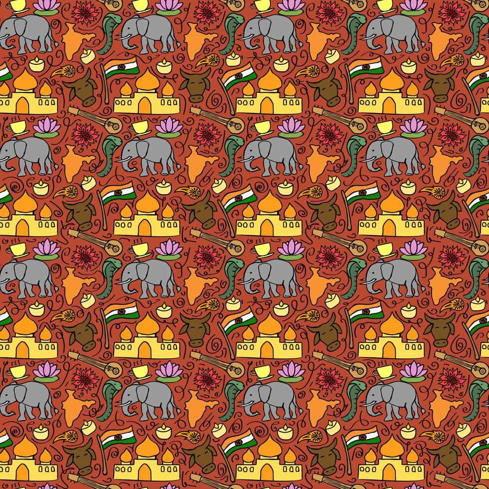 Colored seamless pattern with doodle indian icons. Indian vector icons.  you can use this as a background for a wedding card or greeting