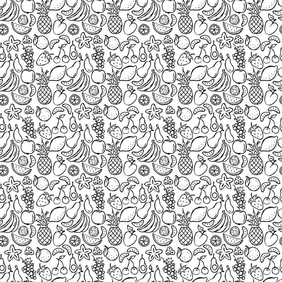 Seamless fruits and vegetables vector pattern. Doodle vector with fruits and vegetables icons on white background. Vintage vegan pattern