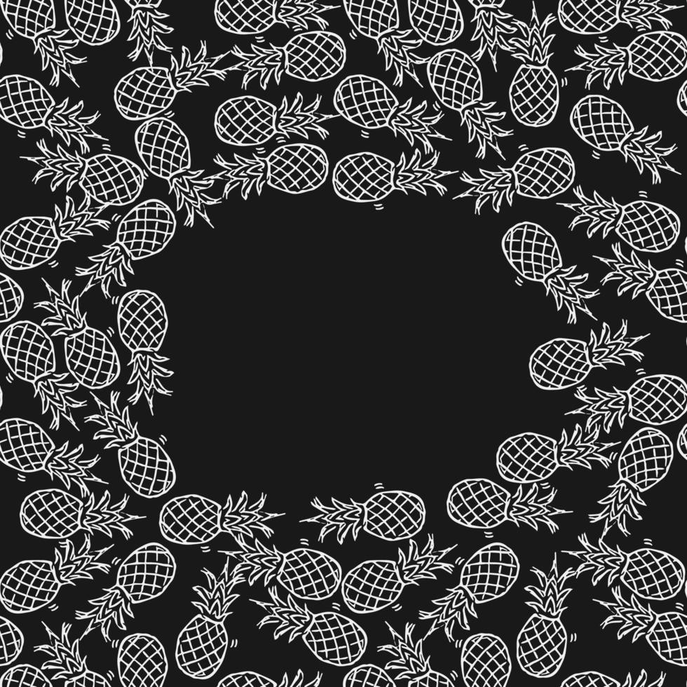 Seamless pineapple pattern with place for text. Doodle vector with pineapple icons on black background. Vintage pineapple pattern