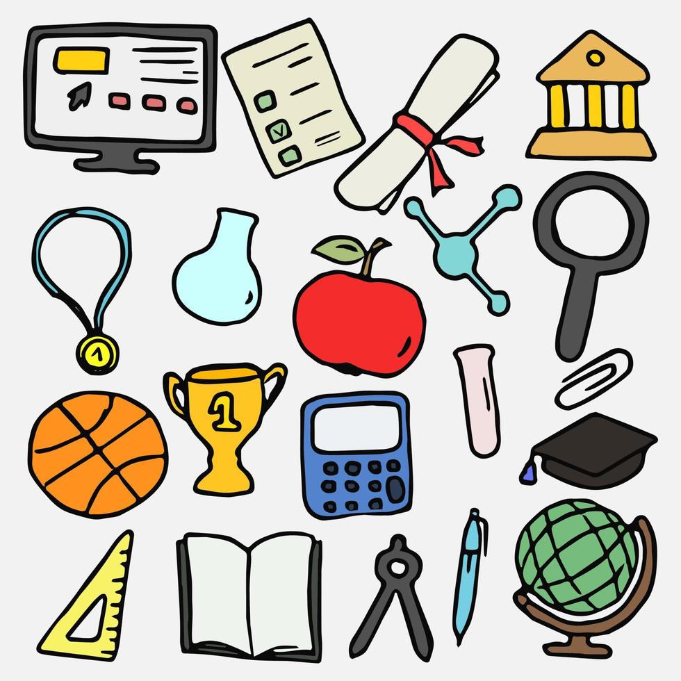 Colored education icons. Doodle vector with education and school icons on white background. Vintage education illustration