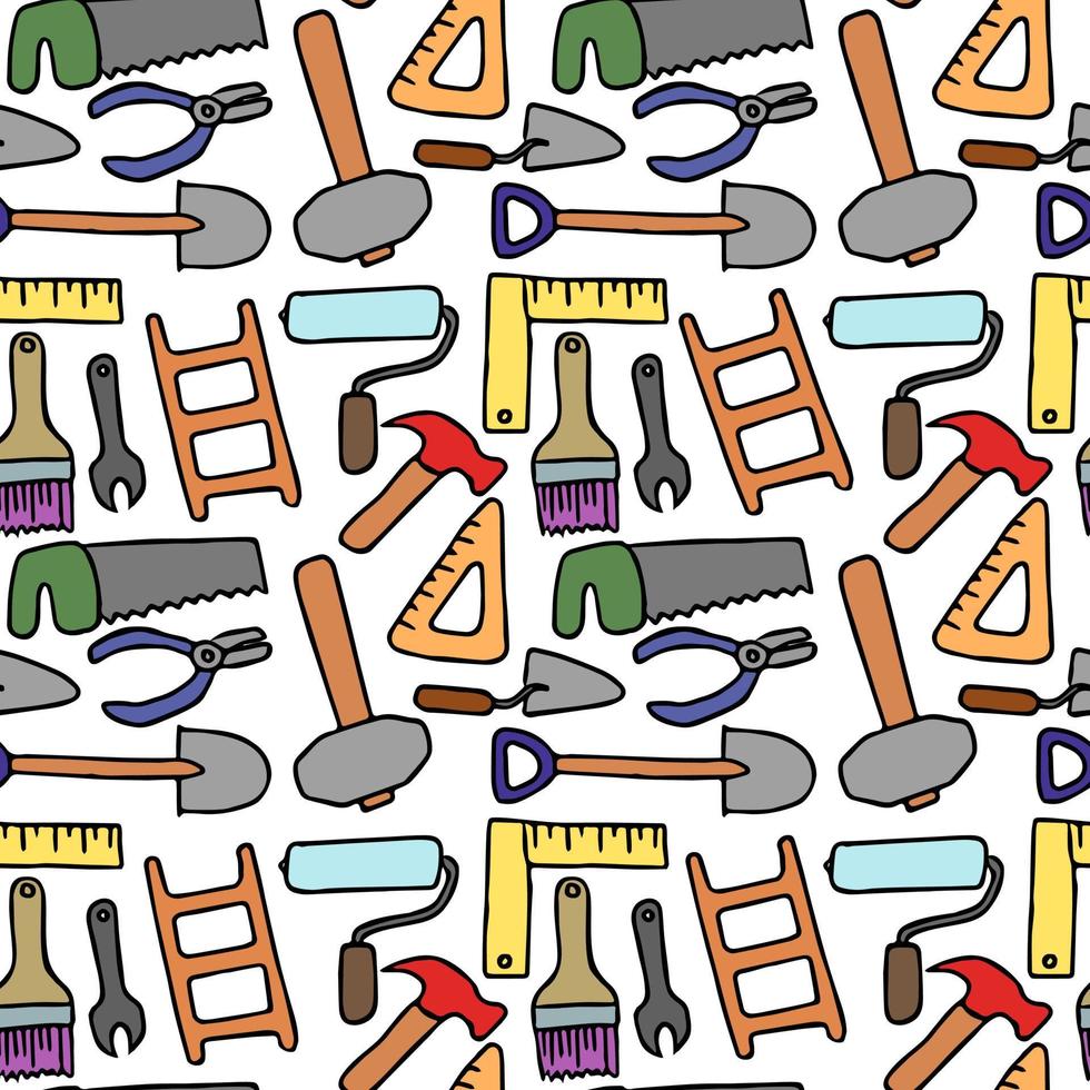 Colored seamless construction tools pattern. Doodle vector with construction tools icons. Vintage construction tools icons