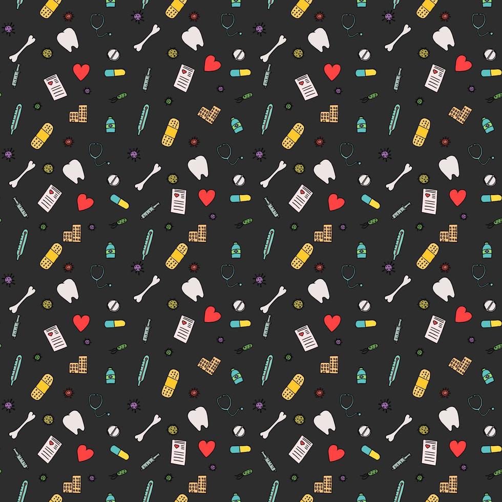 Colored seamless medicine pattern. Doodle vector with medicine icons on dark background. Vintage medicine icons