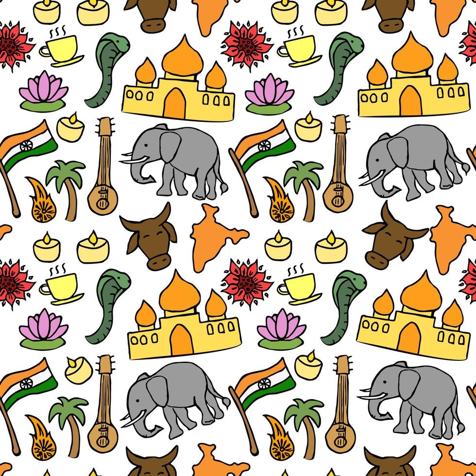 Colored seamless pattern with doodle indian icons. Indian vector icons.  you can use this as a background for a wedding card or greeting