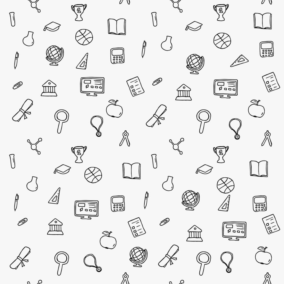 Seamless vector pattern with education icons. Doodle vector with education and school icons on white background. Vintage education pattern